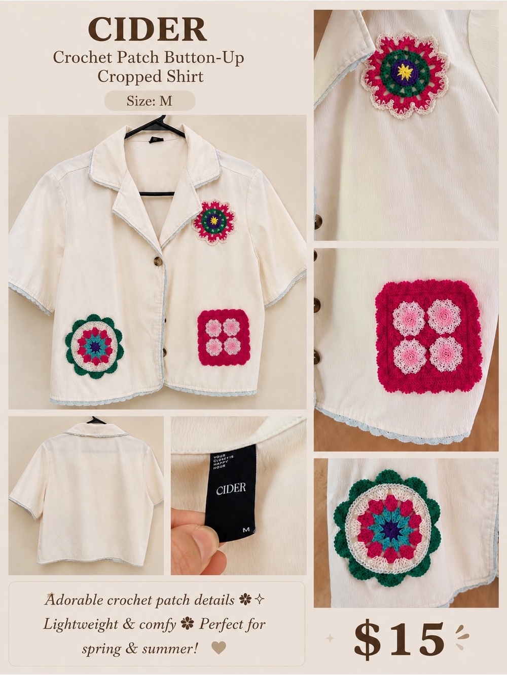 Cider White Cropped Button-Up Shirt with Pink & Green Crochet Patches